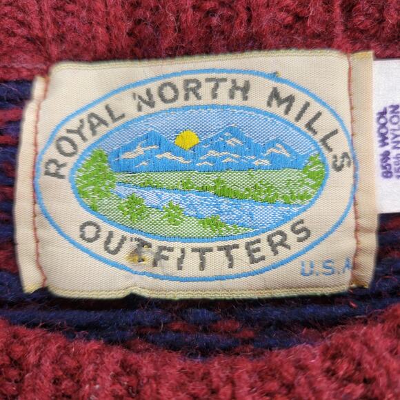 Royal North Mills Outfitters Wool Sweater Nordic Snowflake Red Blue USA Made L - Picture 6 of 13